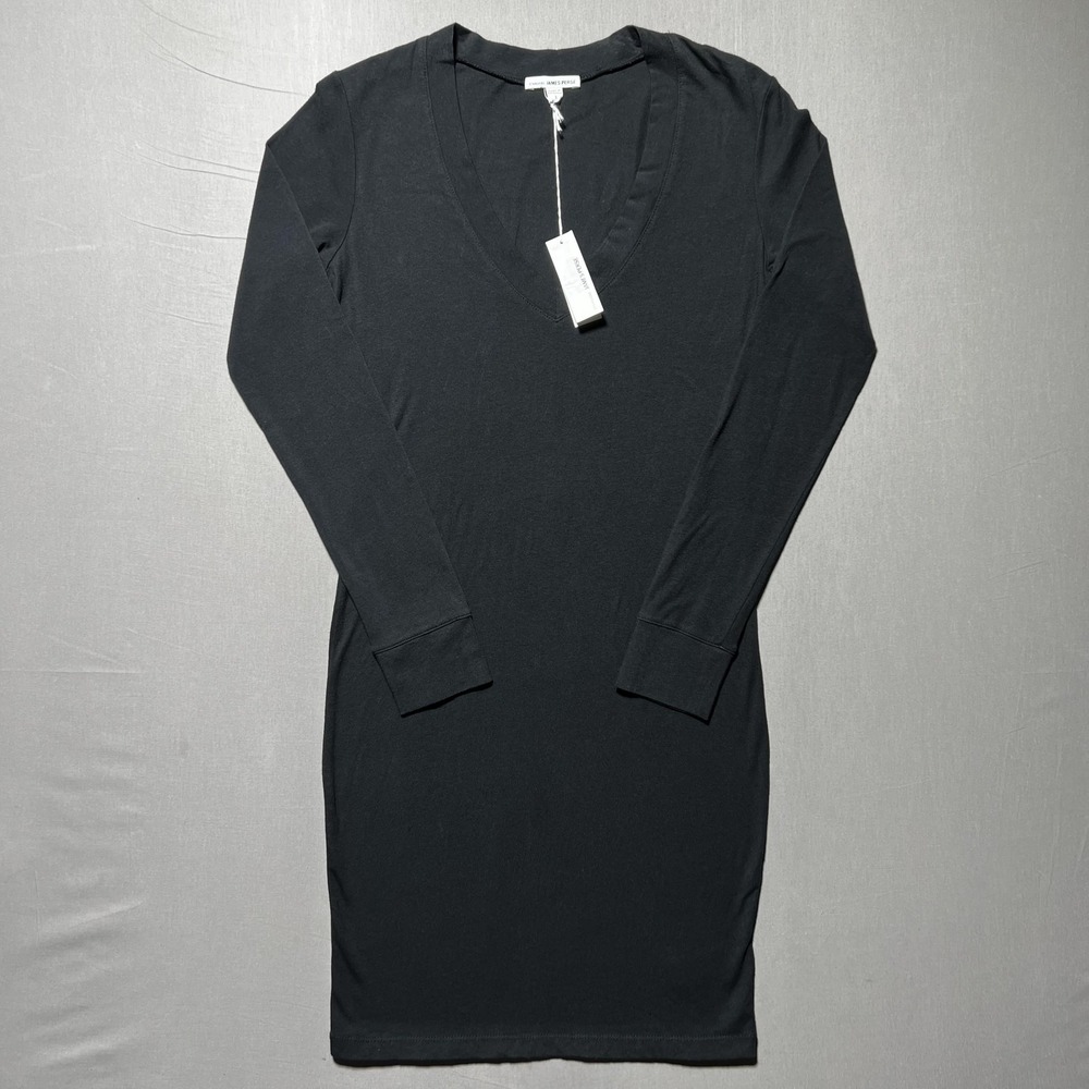 NWT James Perse T-Shirt Dress Womens Size 1 Black Long Sleeve V-Neck‎ Midi Dress